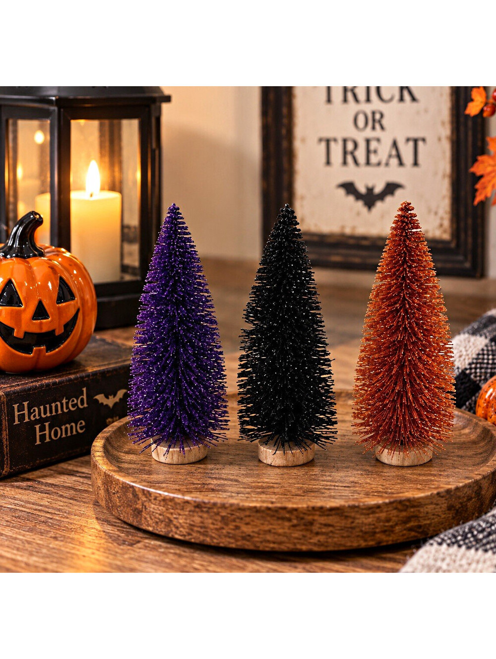 Set of 3 Halloween Bottle Brush Decorated Trees, Purple Black Orange, 8 in
